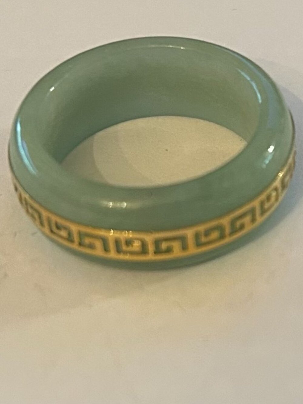 14K Marked Green Stone Band Ring Size 10 | Greek Key Gold Detail | Jade Look Sta